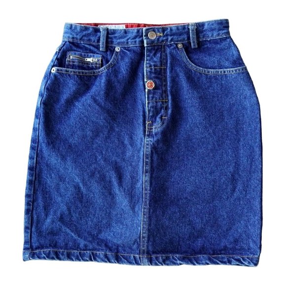Mixed Blues Dresses & Skirts - 90s Blue Jean Mini Skirt by Mixed Blues Size 11 Dark Wash Denim Red Patch Zipper